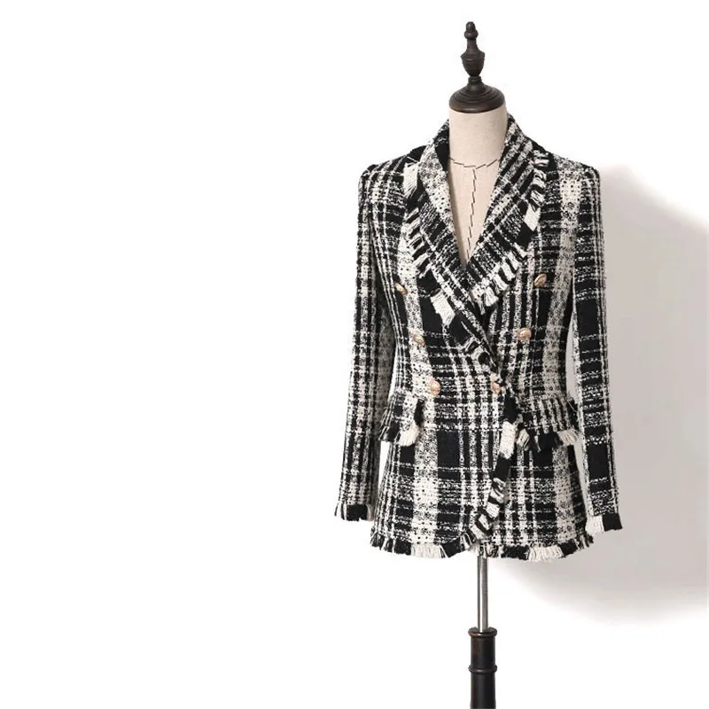 

Handmade Luxury Blazer Suits for Women Fashion Weaving Tweed Double Breasted Notched Collar Black White Plaid Tassel Blazers