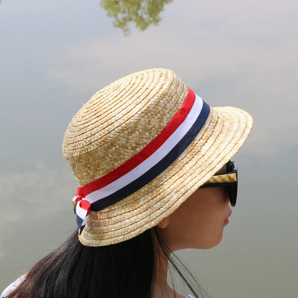 

2018 Summer Sweet Sun Hat Beach Ribbon Bow Straw hat cap Short Flat Brim cap for women British style