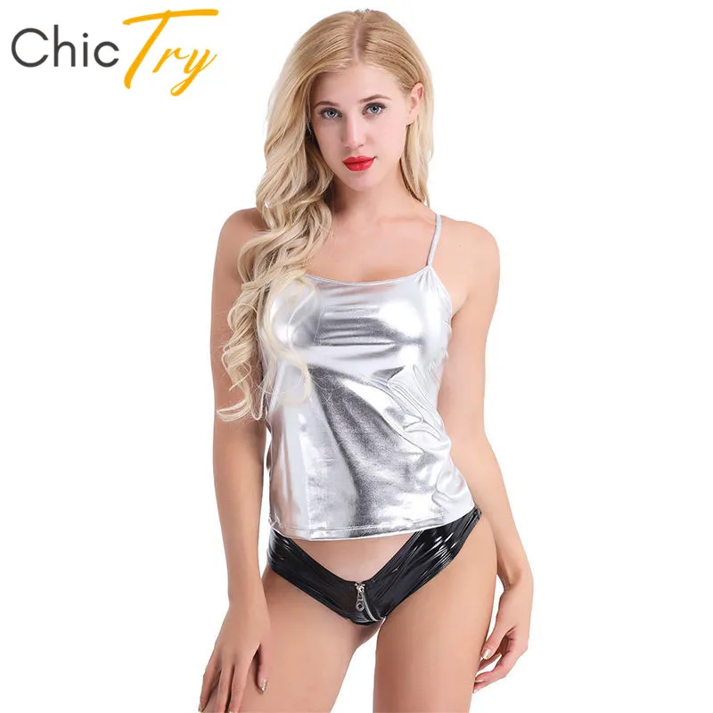 Женский вечерний костюм в стиле хип хоп Блестящий металлический топ из