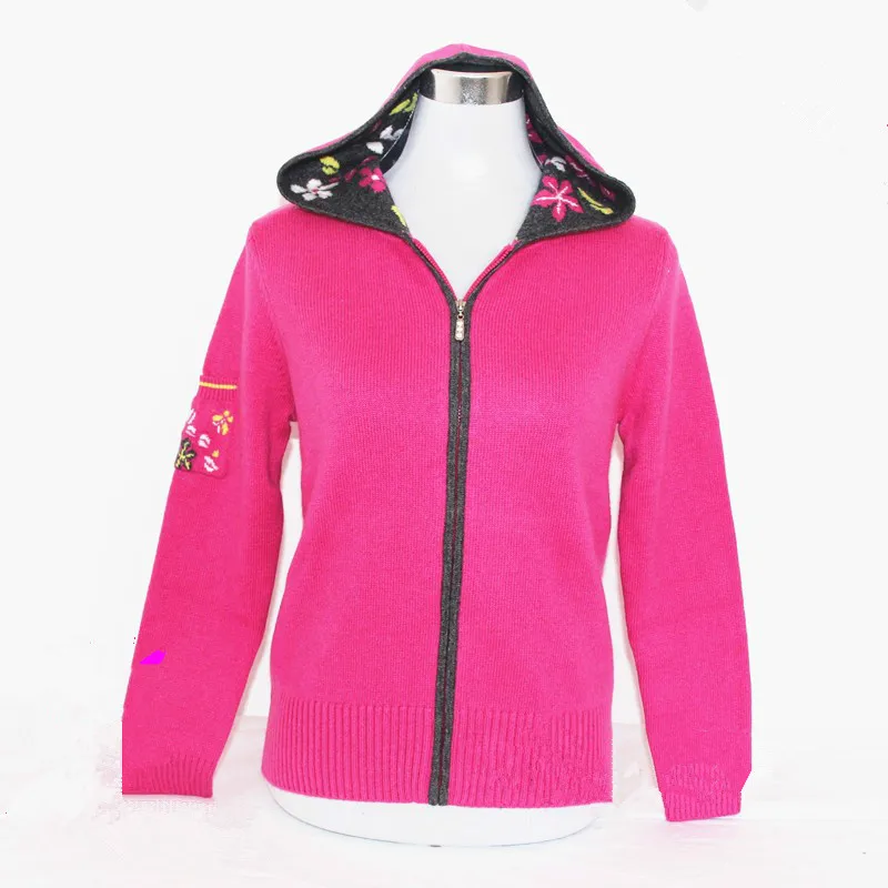 

100%goat cashmere add thick knit women fashion jacquard zipper hooded sweater cardigan coat patchwork color S/90-4XL/120