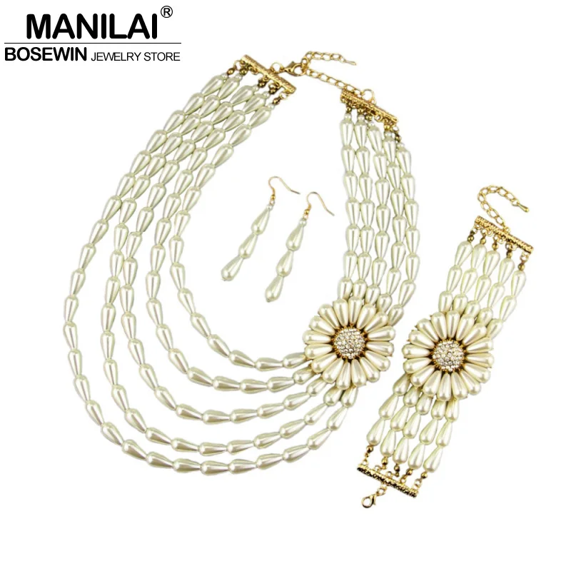 MANILAI Африканский Шарм Многослойные Имитация Жемчуга Цветок эффектное ожерелье