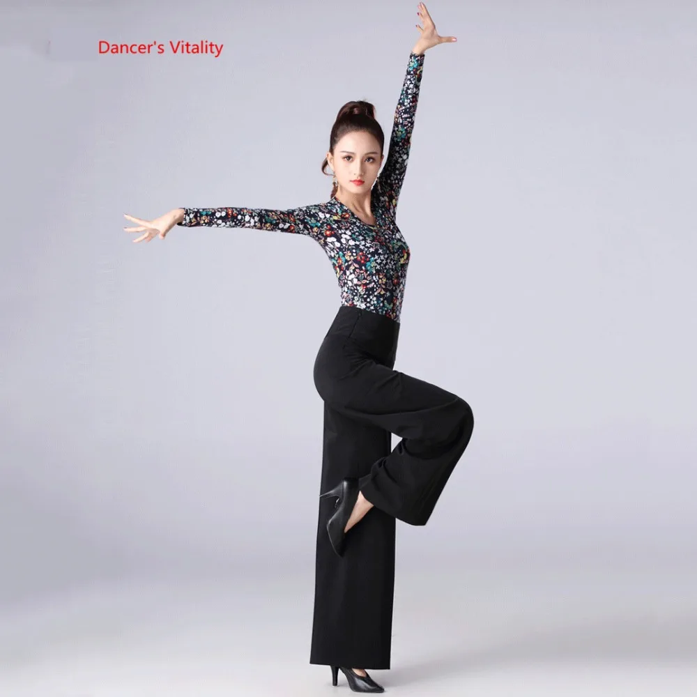 

New Winter Latin Dance Tops Sexy V-Neck Long Sleeves Print Clothes Women Ballroom Waltz National Standard Dance Costumes