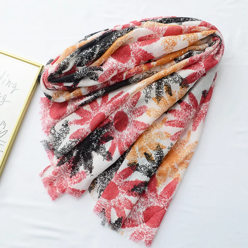 Женские шарфы с бахромой длинные пляжные шали из хлопка цветочным принтом