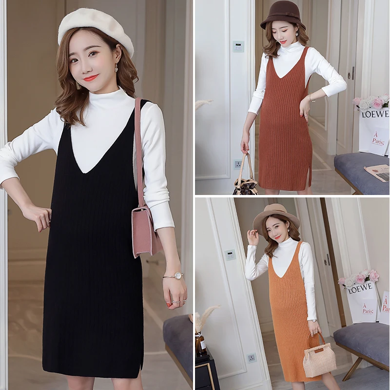 2018 Autumn Winter Postpartum Women Breastfeeding Cotton T-shirt+thickening Knitted Sundress Twinset Lactation Clothes | Мать и ребенок