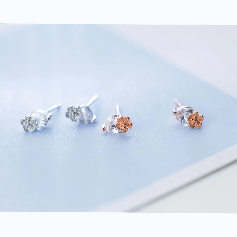 INALIS New Delicate Simple Design S925 Sterling Silver Flower with Waterdrop Clear Single CZ Stone Crystal Stud Earrings Girls | Украшения