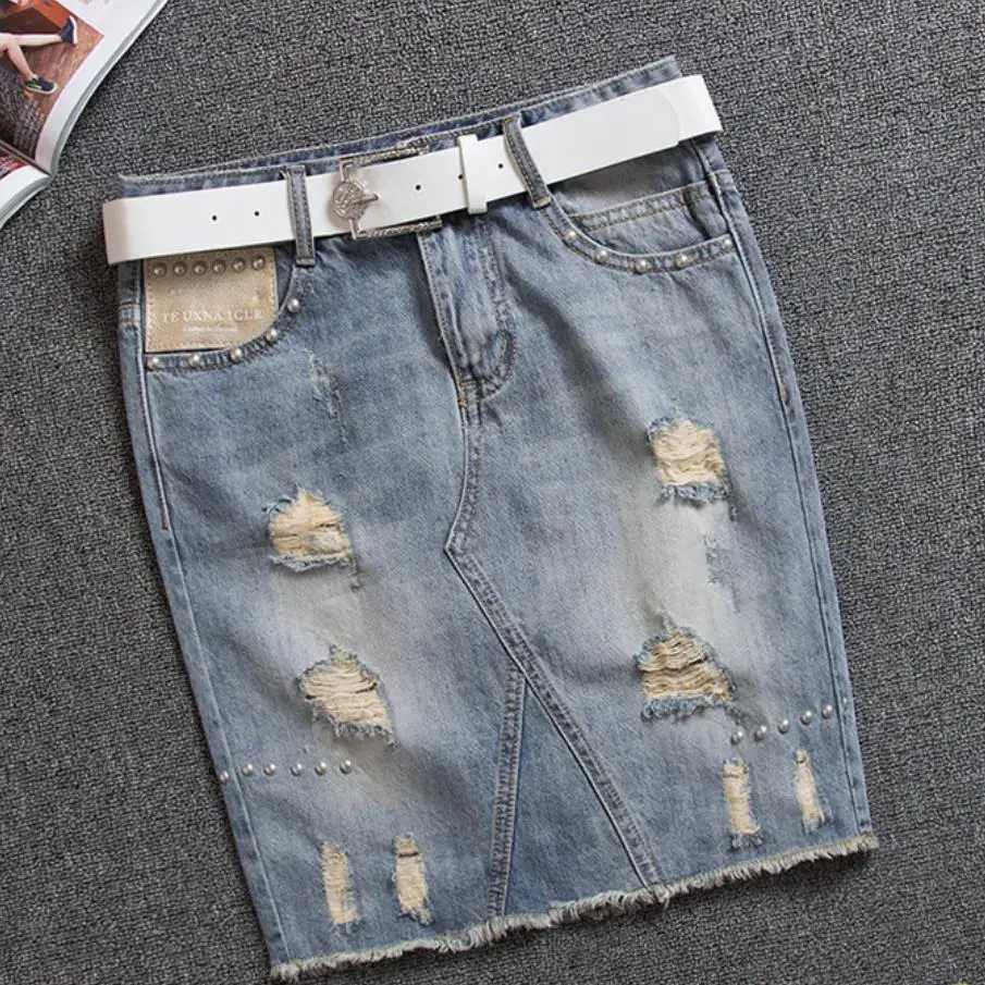 

plus size 9XL!Wash Ripped Mini Denim Skirt 2021 Summer beading Women jeans Skirt High Waist Casual Skirt