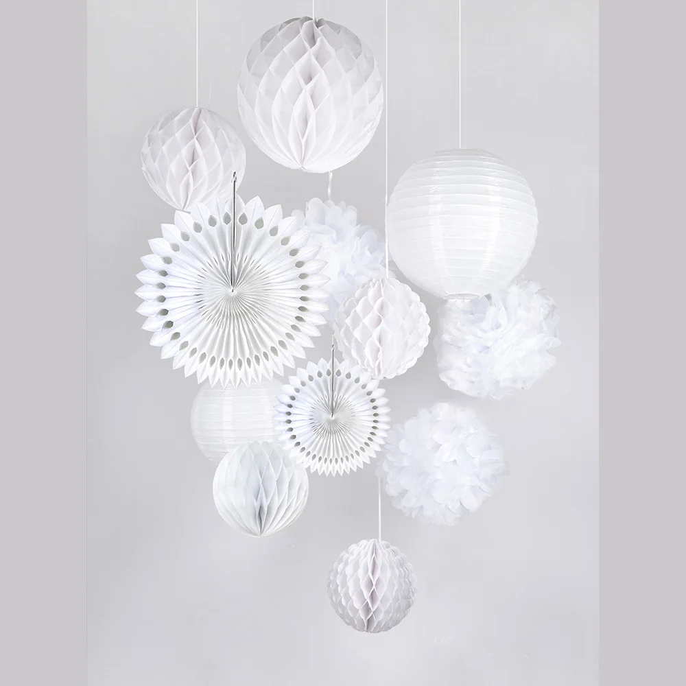 

Белый набор украшений для свадебной вечеринки, бумажные вееры, фонарики, сотовые шарики, тканевые помпоны, сотовые шарики, детский душ, свад...