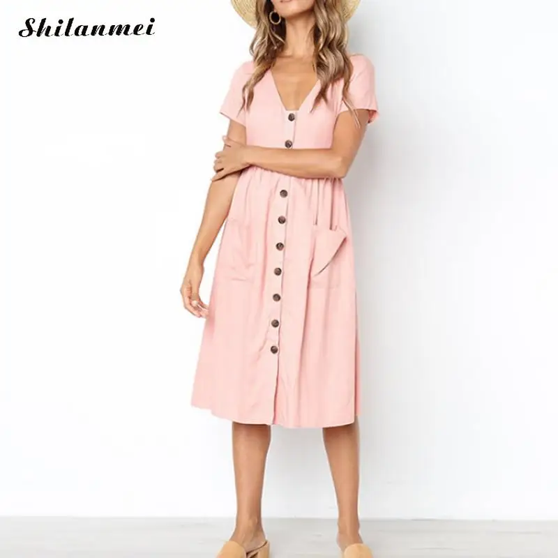 Женское свободное платье миди на пуговицах винтажное пляжное с коротким рукавом