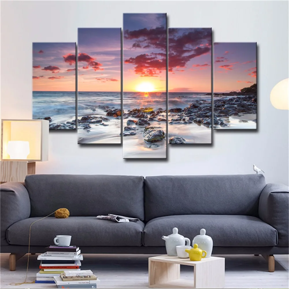 5 панелей водостойкие картина &quotзакат&quot пляжные морской пейзаж HD печати гобелен