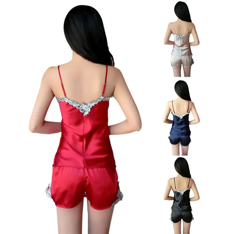 

Ladies Sexy Silk Satin Pajama Set Lace V-neck Sleepwear Women Summer Style Home Wear Lingerie Summer Pajamas Sleepwear Cami Top