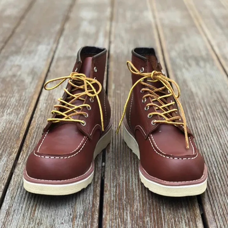 202 Red Brown Goodyear/Винтажные ботильоны в байкерском стиле из натуральной кожи; высококачественные мужские повседневные модельные ботинки с круглым носком и крыльями; красные ботинки для работы - Цвет: 202 Red Brown