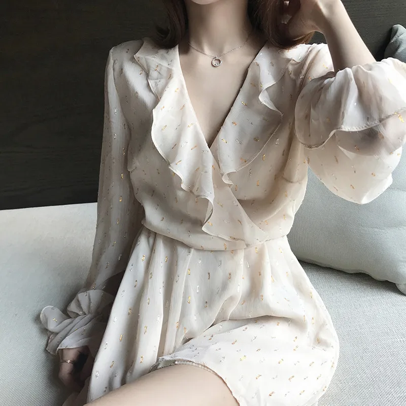 Летний женский комбинезон из шифона с оборками свитер треугольным вырезом и