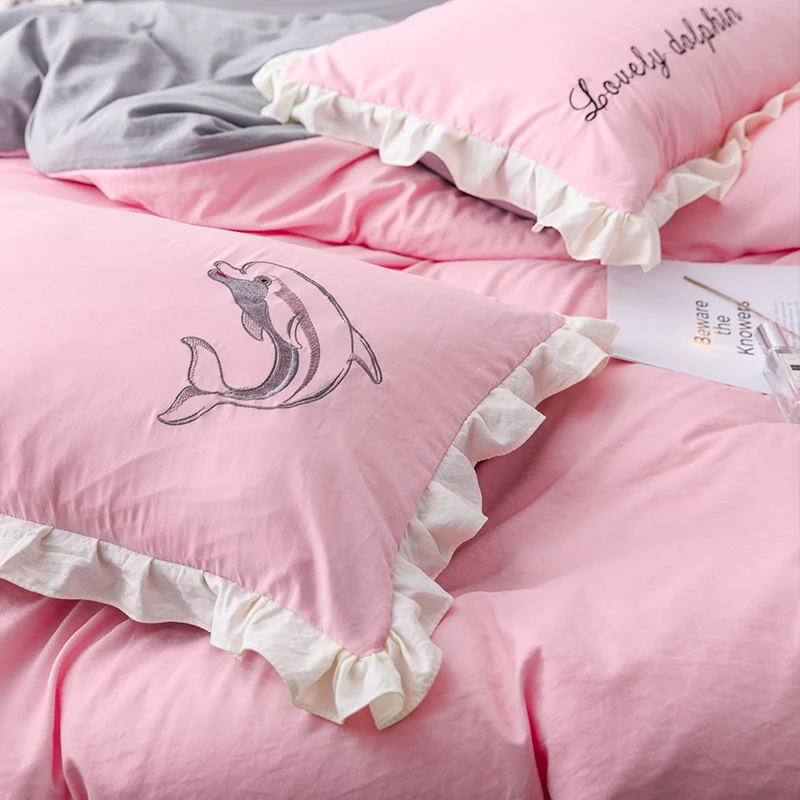 4 шт Помытый хлопок принцесса стиль сплошной модный розовый Дельфин дизайн