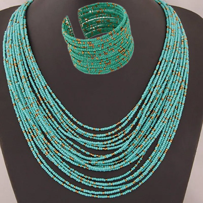 

DIEZI African Acrylic Beads Jewelry Sets Bohemia Necklaces Bangles Women Fashion Statement Multilayer Necklace New Jewelry Set