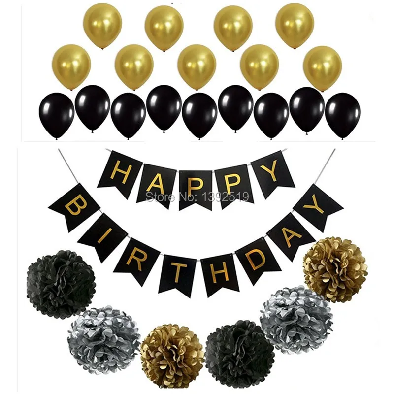 Идеальный черный золотые украшения набор С Днем Рождения BannerFluffy Pom Poms с