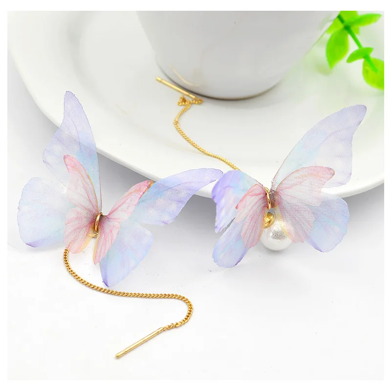 Розовый фиолетовая ткань серьги в виде бабочек длинные жемчужные Tassel Wire Ear