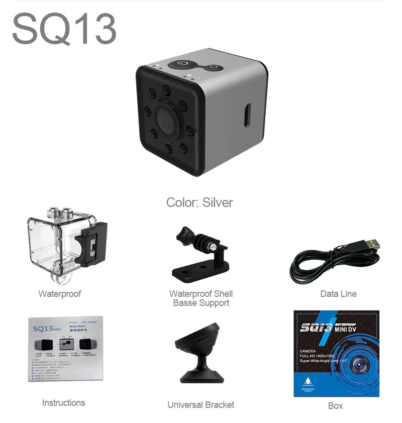 SQ13 Silver ZWN SQ13 оригинальная мини-камера Wi-Fi камера FULL HD 1080P ночное видение водонепроницаемый корпус CMOS сенсор микро DVR рекордер видеокамера - Цвет: SQ13 Silver