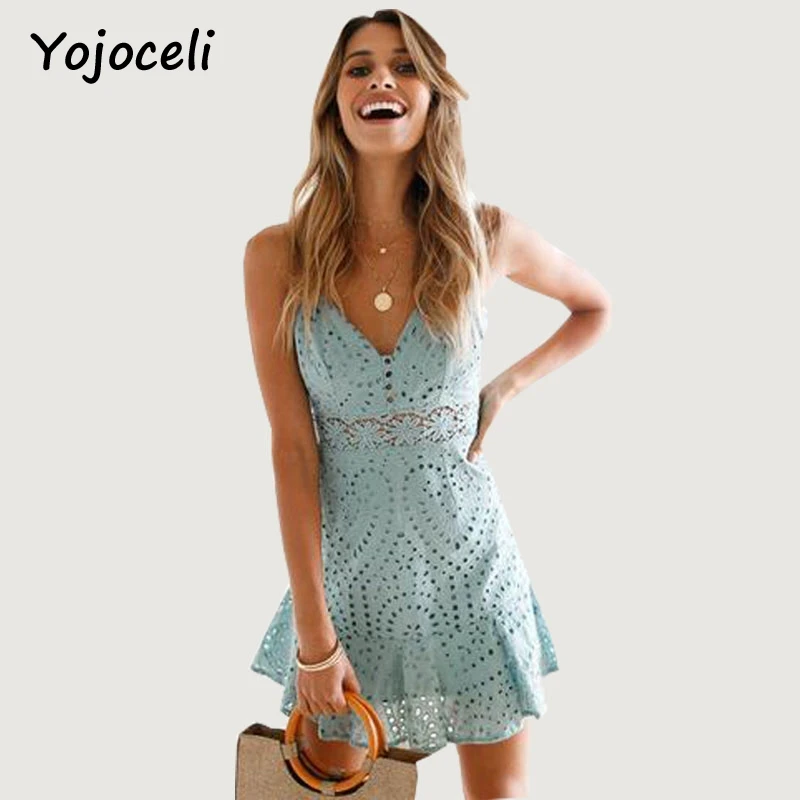 Yojoceli, открытое белое кружевное мини-платье с цветочным рисунком, без рукавов, на бретелях, платья для вечеринок, женское летнее пляжное короткое платье для фитнеса, vestidos