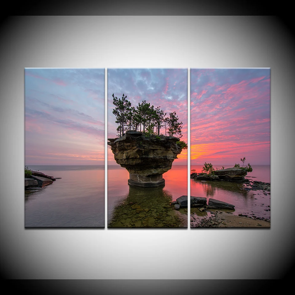 Модульный пейзаж 3 панели Мичиган озеро хурон закат скалы деревья Холщовый