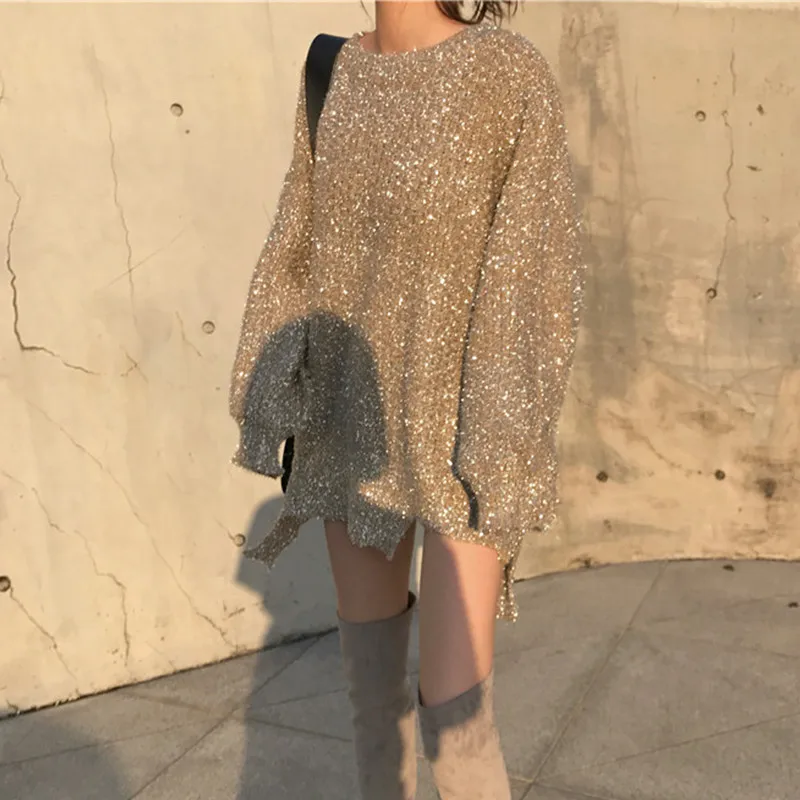 women Sweater 2019 autumn winter new Fahsion irregular Sparkling loose long-sleeved Pullover Knit Tops Femme Q336 | Женская одежда
