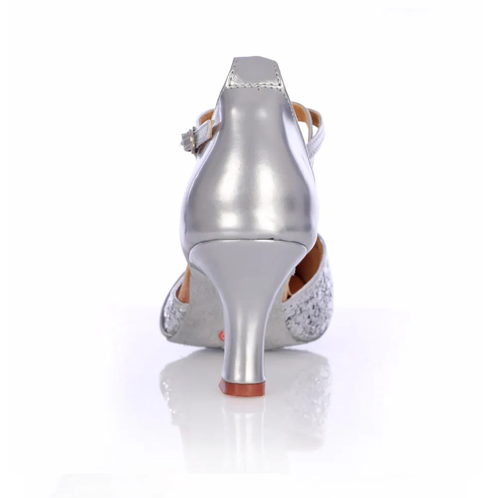Серебро с закрытым носком Для женщин Туфли для латинских танцев на высоком
