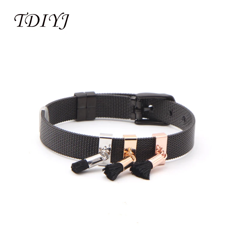 

TDIYJ Newest Black Tassel DIY Bracelet Collection Stainless Steel Mesh Keeper Slide Charms Bracelet 1Set