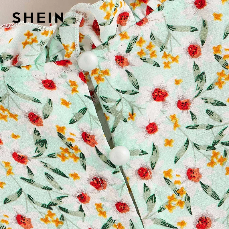 SHEIN модный топ с цветочным принтом и рюшами на пуговицах сзади, Летняя женская одежда, блузки без рукавов со стоячим воротником