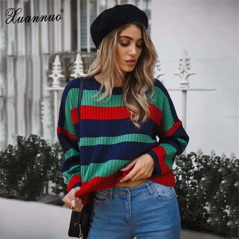 XuanNuo Women Sweater Autumn Winter Casual O-Neck Female Striped Long Sleeve Slim Knitted Pullover 2018 Fashion | Женская одежда