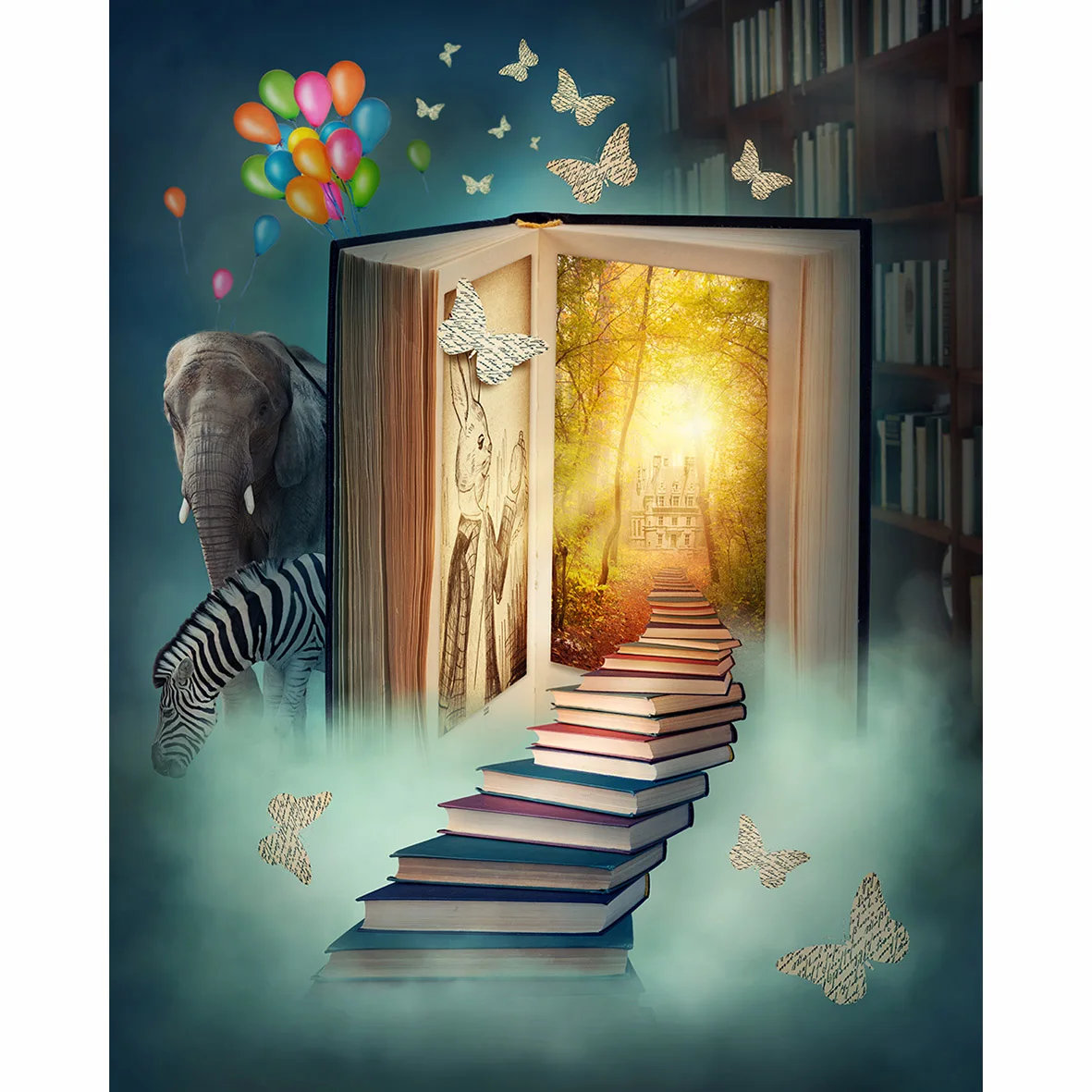 Allenjoy фон для фотографии огромный книжный лестница книжная полка слон шарик Зебра