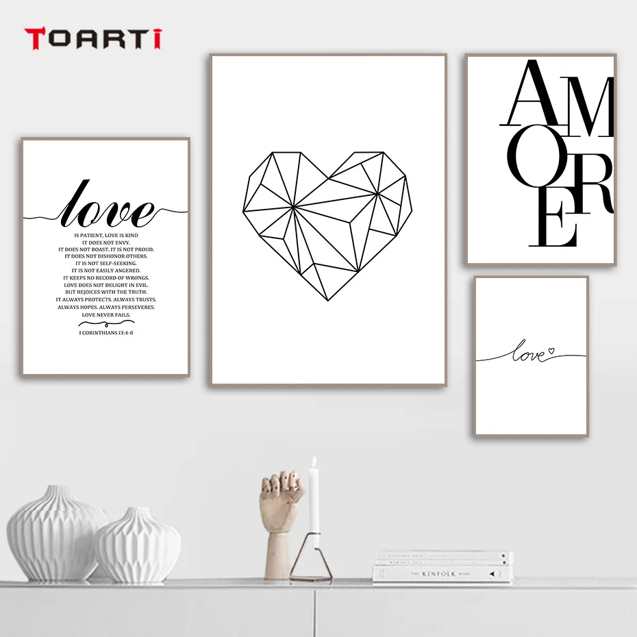Черно-белая Картина на холсте в скандинавском стиле, настенный плакат Atr Love, алмазные картины для гостиной, скандинавский декор, домашнее искусство