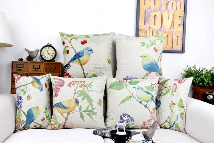 Льняная хлопковая ручная рисованная подушка с птицей и цветком декоративная для