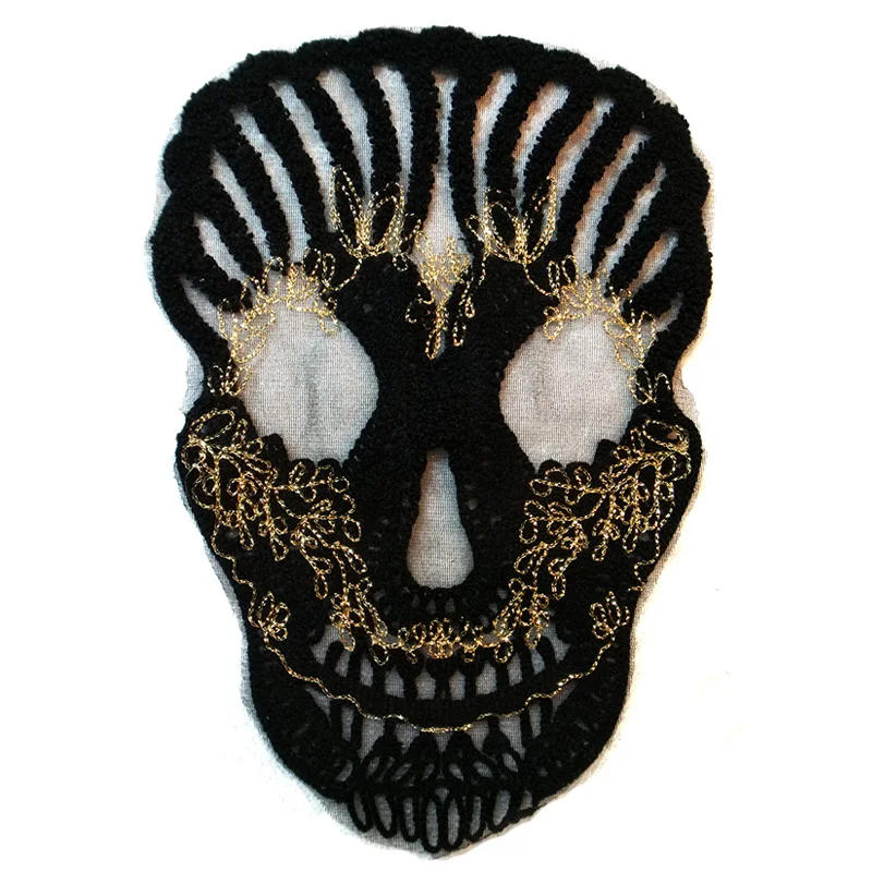 Крутой большой черный череп скелет кружевное полотенце вышитые нашивки для