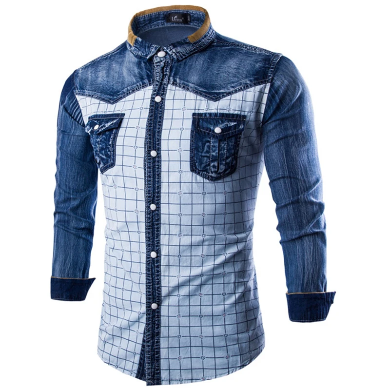 Мода 2017 г. Для мужчин Джинсовые рубашки с длинным рукавом Camisa masculina синего