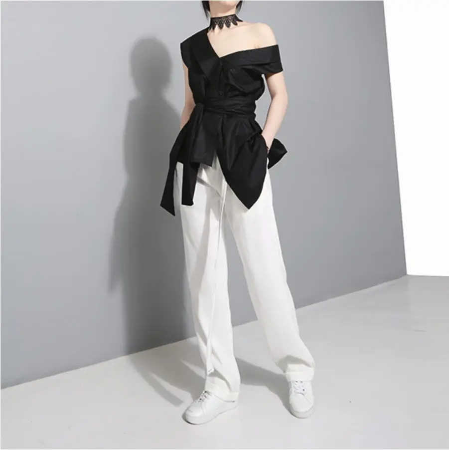 

2021 New Style Cotton Sleeve Tie Big Bow Irregular Shoulder Shirt Black Khaki