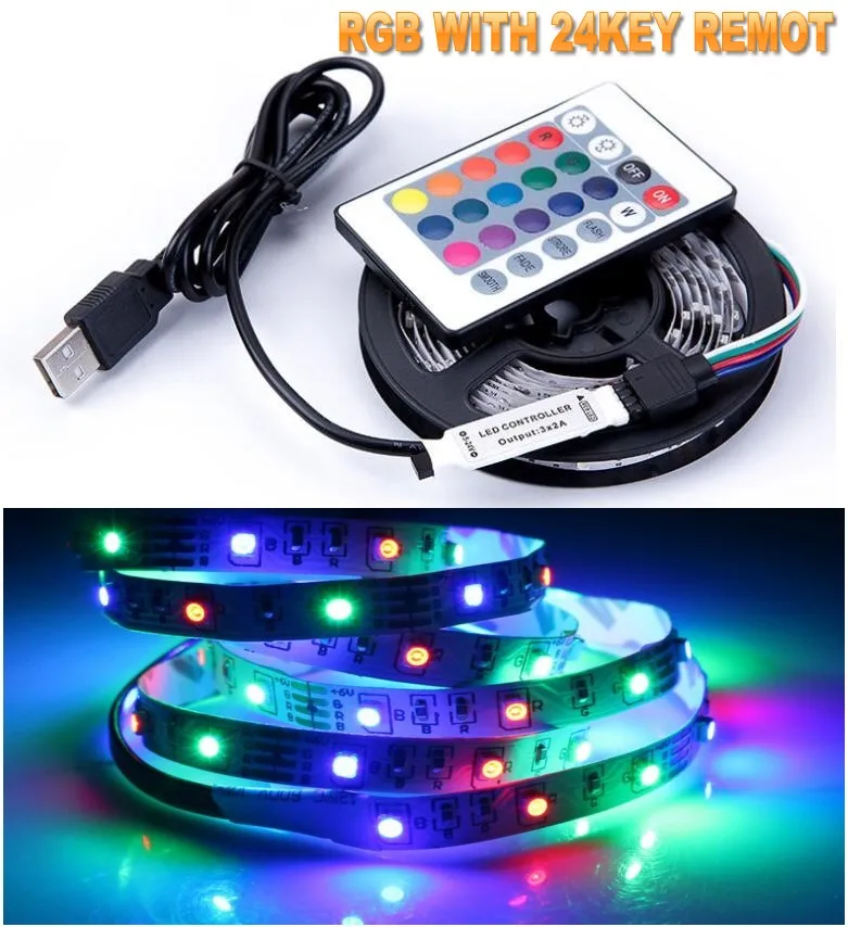 RGB WITH 24KEY REMOT Usb Светодиодная лента 5 в rgb waem белый 0,5 м 1 м 2 м 3 м 5 м гибкий светодиодный светильник лента Диодная лента задний светильник телевизионный ТВ светильник s - Испускаемый цвет: RGB WITH 24KEY REMOT