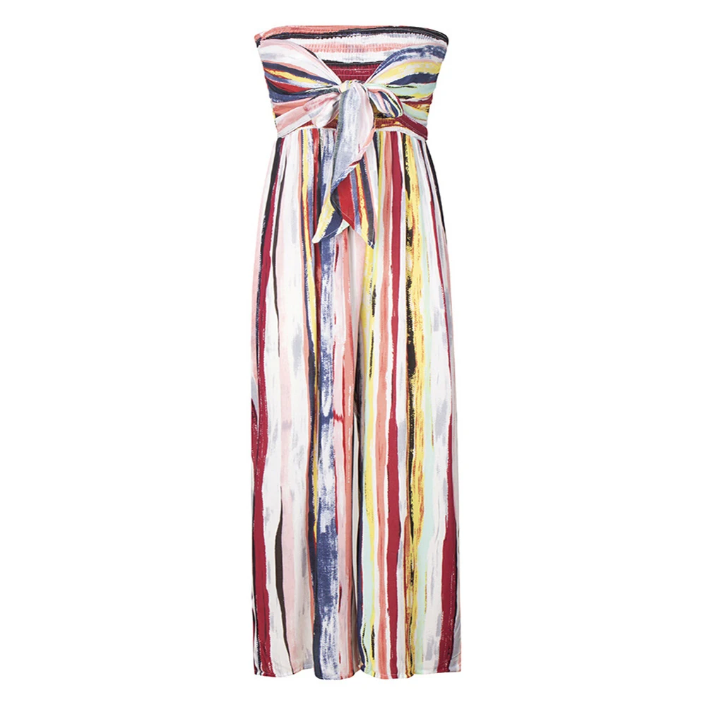 2019 Sexy Women's Multicolor Striped Off Shoulder Long Pants Jumpsuit Summer Printed Club Party Strapless Bow Bandage Rompers | Женская