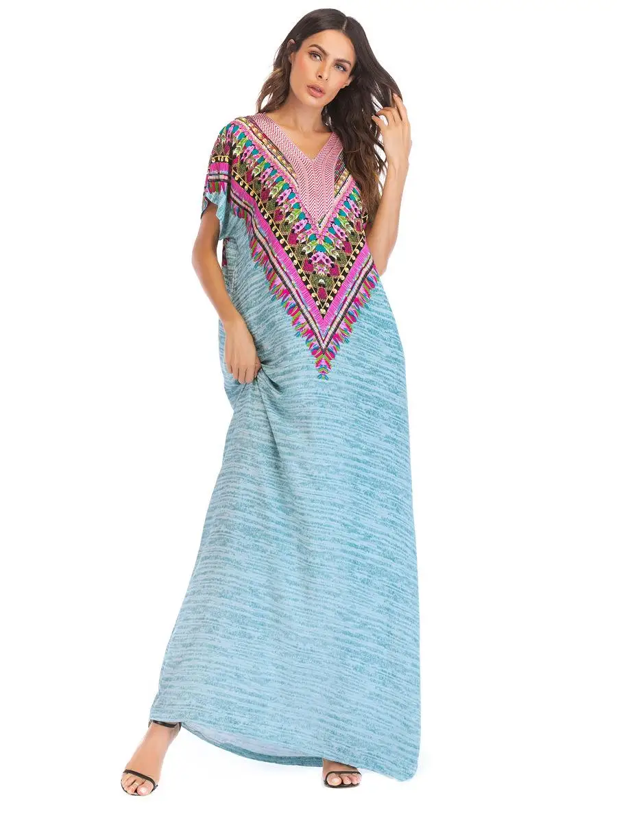 Женское мусульманское летнее макси платье этническое с вышивкой кисточками