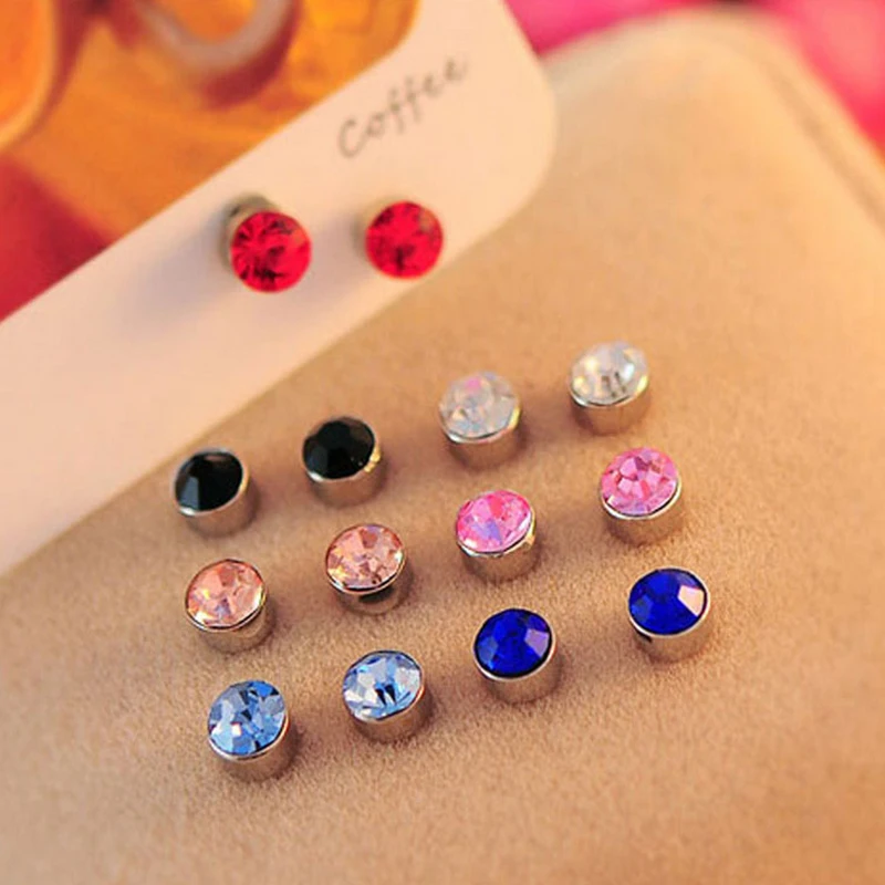 Серьги-гвоздики Poputton мужские с черными кристаллами круглые магнитные украшения