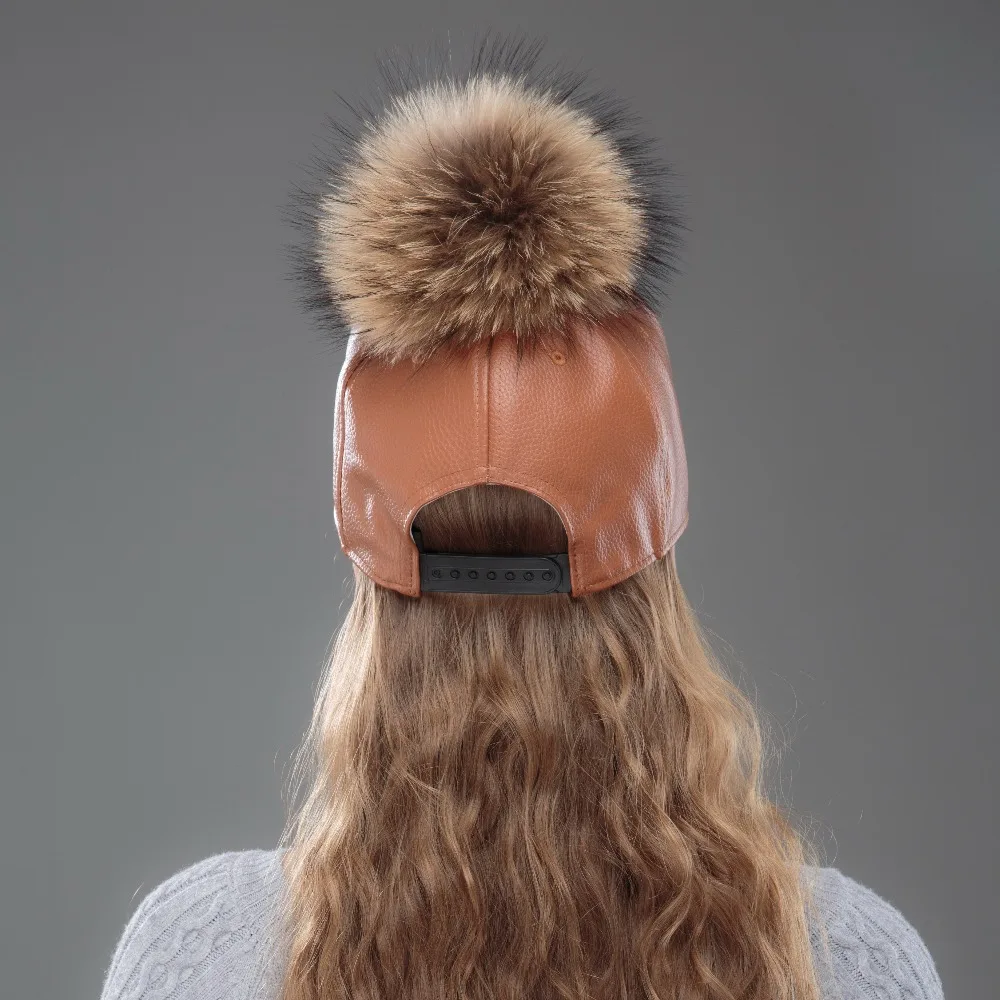 new women fashion winter baseball cap with mink fur pompom Snakeskin pattern Pu leather new fashion woman winter hats brand
