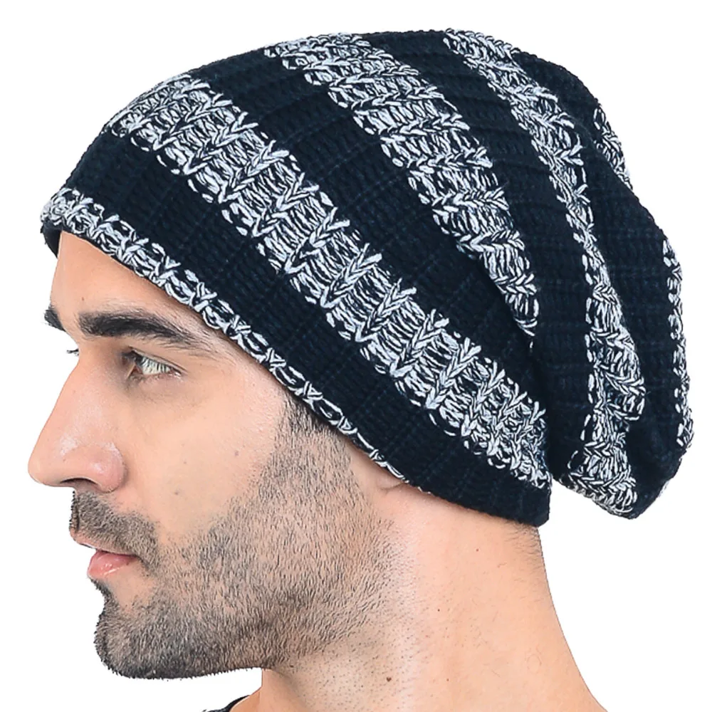 Для мужчин Сутулиться Beanie Кепки На зиму высокого качества акрил полосатый вязать