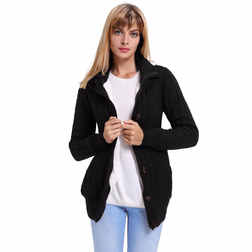 Autumn Winter 2018 New Knitted Sweater Single Row Button and Zipper Women Cardigan Hooded Jacket with Fleece D130 |
