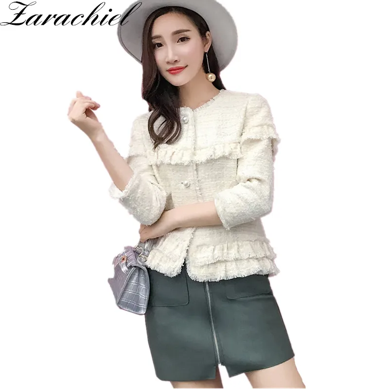 Женский твидовый укороченный пиджак белый жакет с оборками бахромой жемчужинами