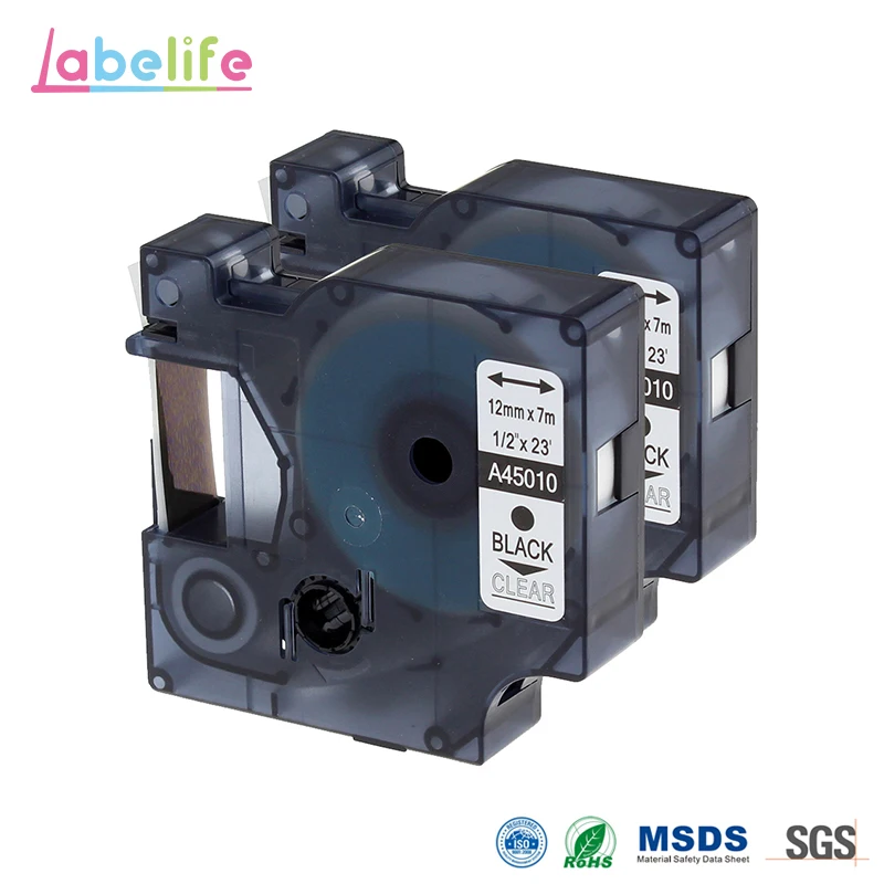 Labelife 2 упаковки 12 мм 45010 черный на прозрачной этикетке кассета для DYMO D1