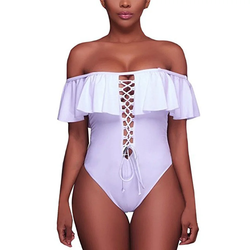 TQSKK Swimwear Women Falbala One Piece Swimsuits Female Swimsuit 2019 New Summer Solid Beach Wear Bandage Bathing Suit Monokini | Спорт и