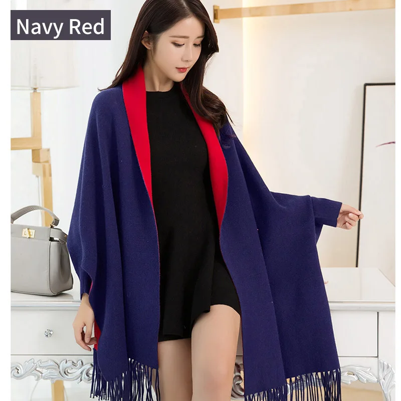 Navy Red Платок пончо палантин платок женский пончо и накидки Зимние теплые рукав платки и палантины для женские роскошные Feminino украл пальто Толстые пашмины Для женщин Накидки носимых пончо шарф платки женские - Цвет: Navy Red