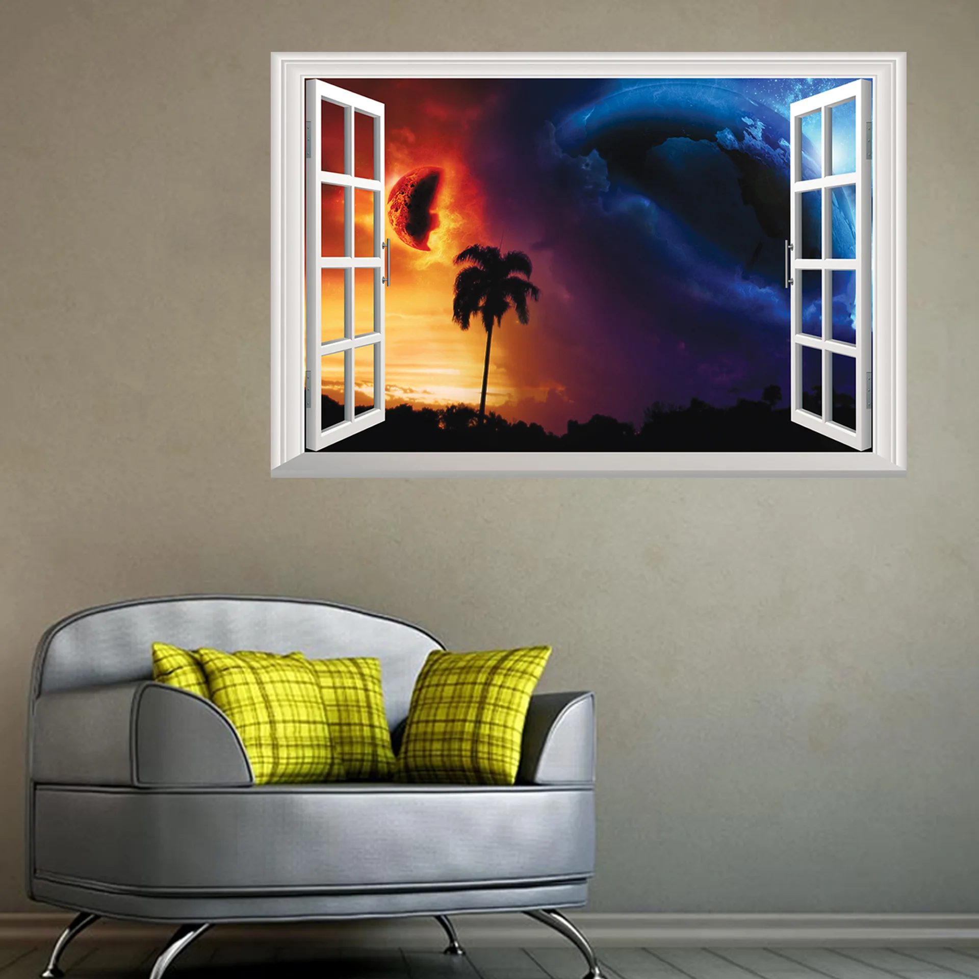 3D Fake Window Planet Crash View Mural Removable Wall Decals Sticker Decor landscape 3 d wall stickers | Дом и сад