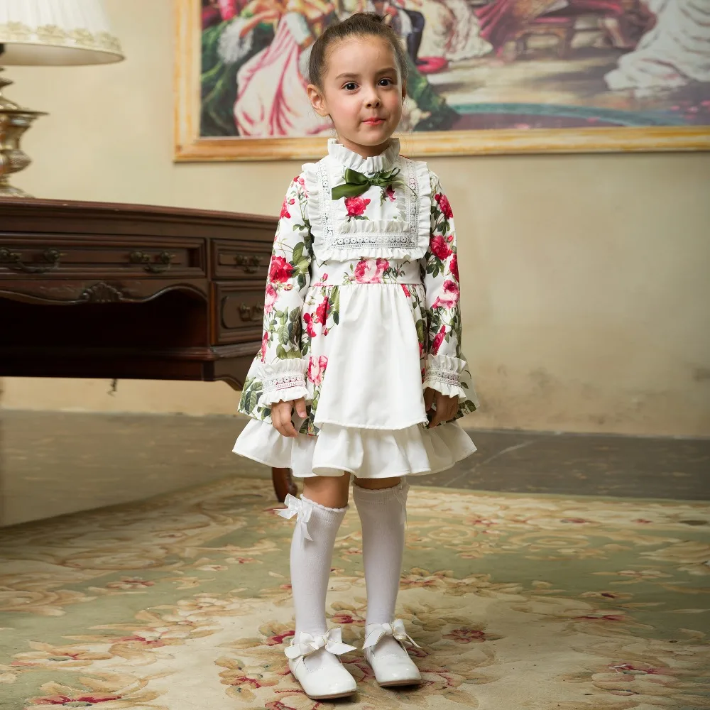 Pettigirl White Floral Girl Dress Wtih Hairband Autumn Party Dresses For Girls Bontique Kids Wear G-DMGD103-B219 | Детская одежда и