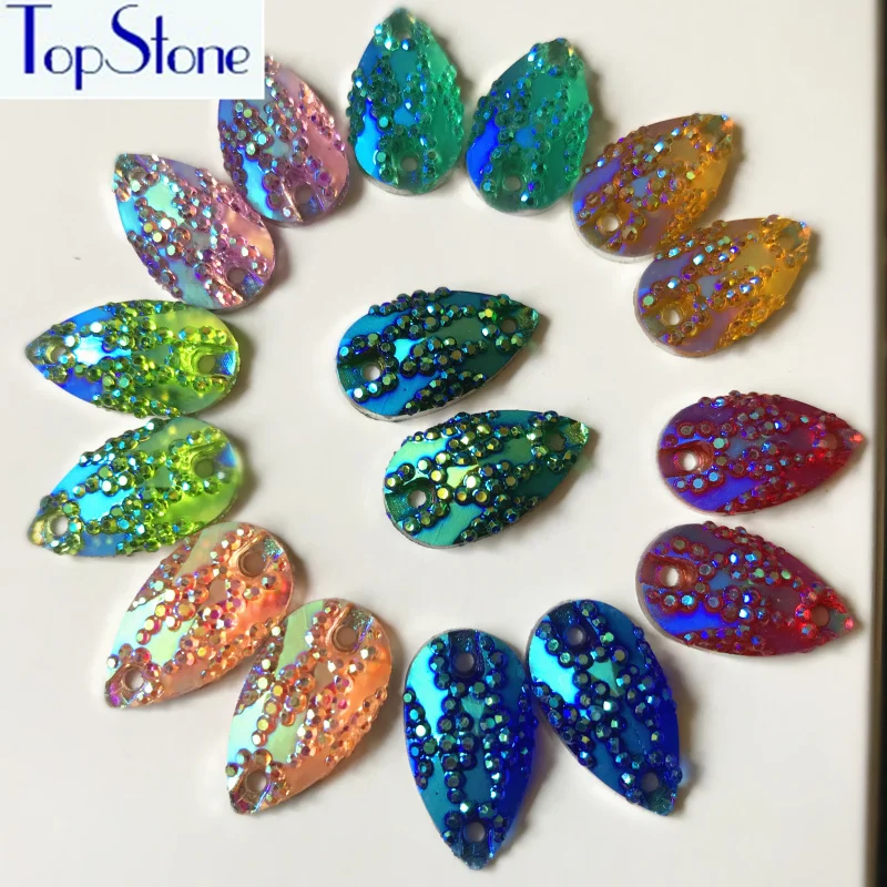TopStone 100 шт. 11x18 мм каплеобразные пришивные стразы новые цвета AB каучук для