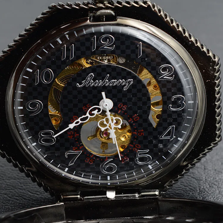 United Kingdom Bat Hexagon Skeleton Watches Steampunk Pocket Watch Antique Black Half Hunter Mechanical | Наручные часы