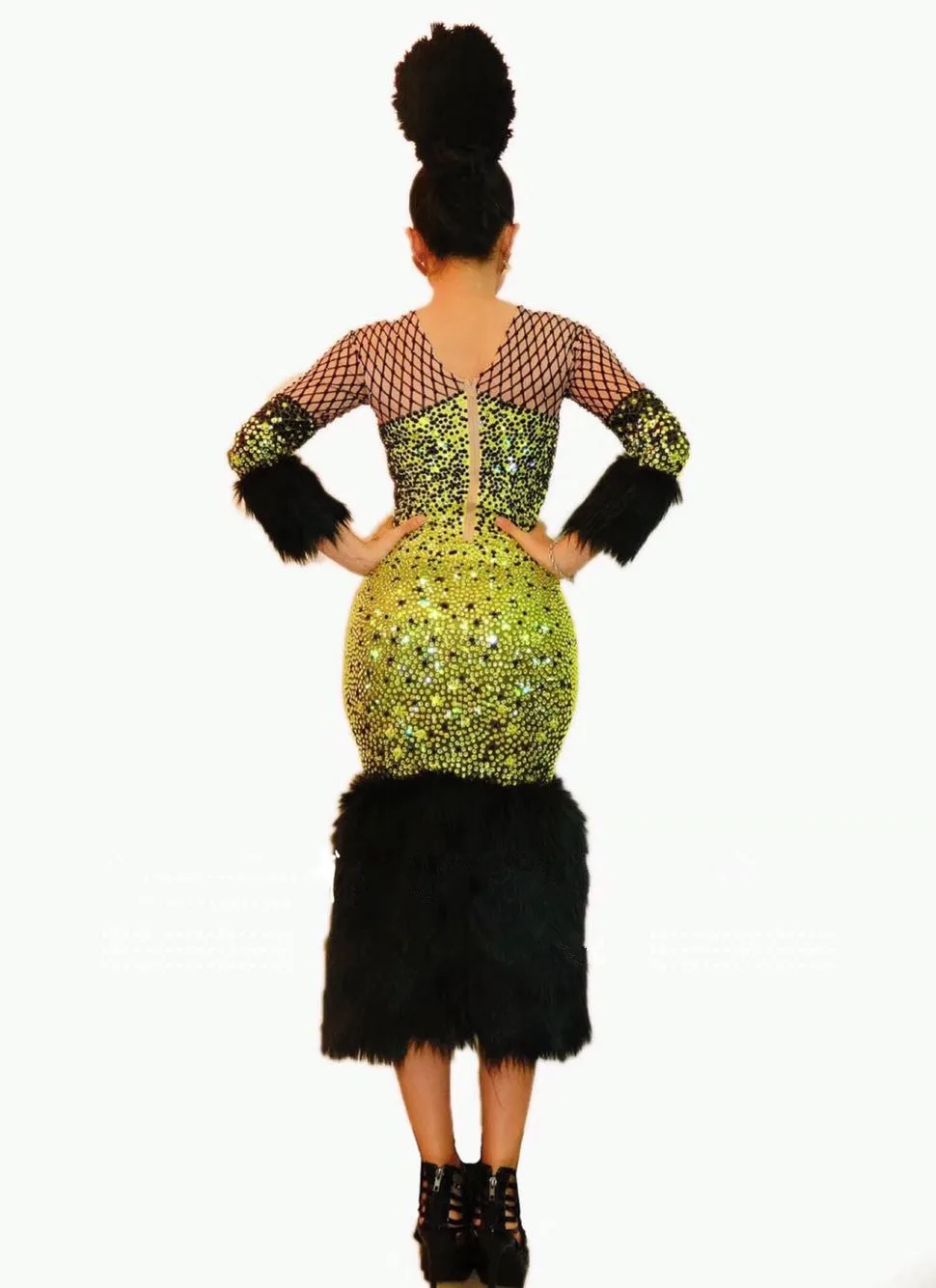 Платье с желтыми кристаллами бриллиантами перьями для бара ночного клуба